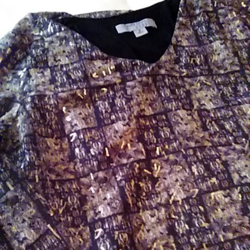 Ruff Hewn Blouse Grey Size S Tunic High Low Lined Gold Metallic Accents Dressy
